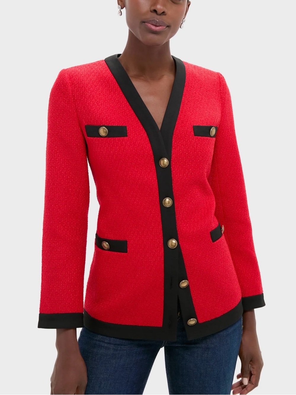 Tuckernuck Red Lenore Jacket with Black Trim and Gold Buttons